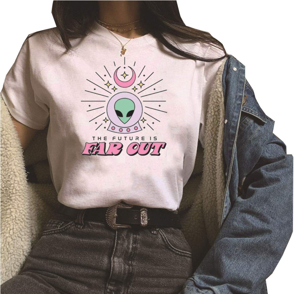Womens Casual Alien Print Short Sleeve Loose T Shirt Top White