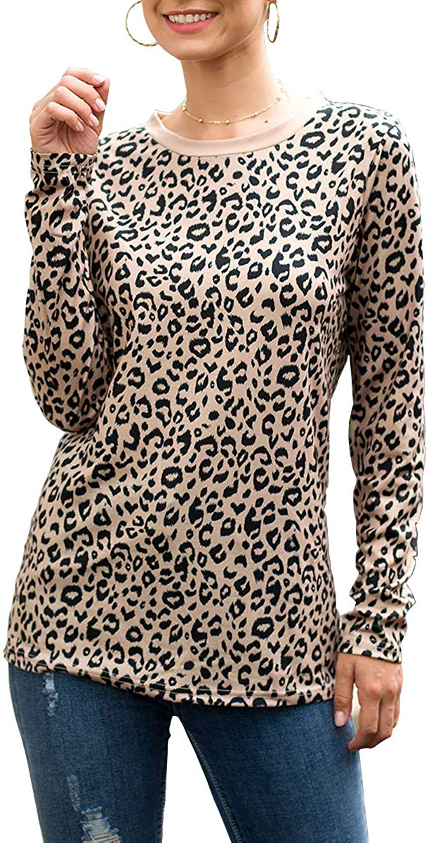 Women's Casual Leopard Print T Shirt Round Neck Cute Long Sleeve Soft Stretchy Blouse Comfy Tops Shirts Leopard Print Brown