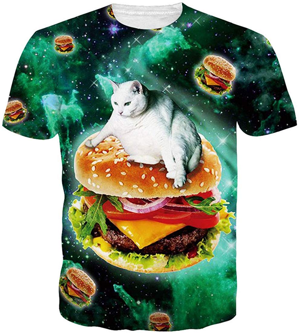 Unisex Short Sleeve T Shirts 3D Novelty Print Casual Funny Graphic Tees S 3XL Hamburger Cat