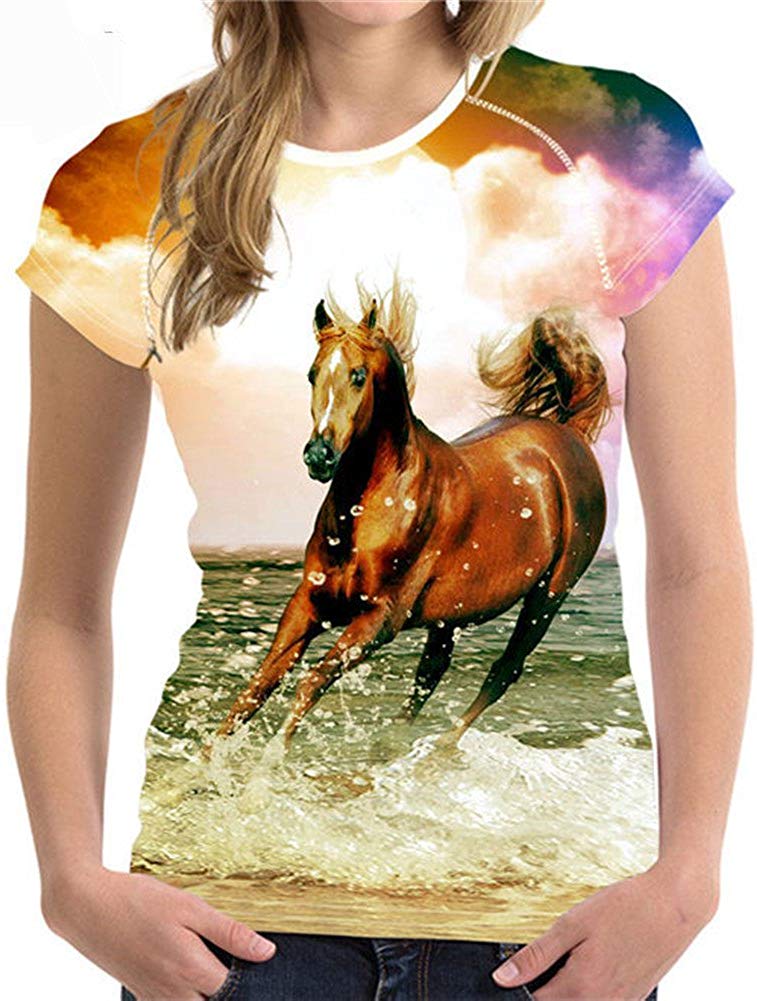Horse Print Women T Shirt Art Design Tee Girls Elastic Short Sleeve Horse4