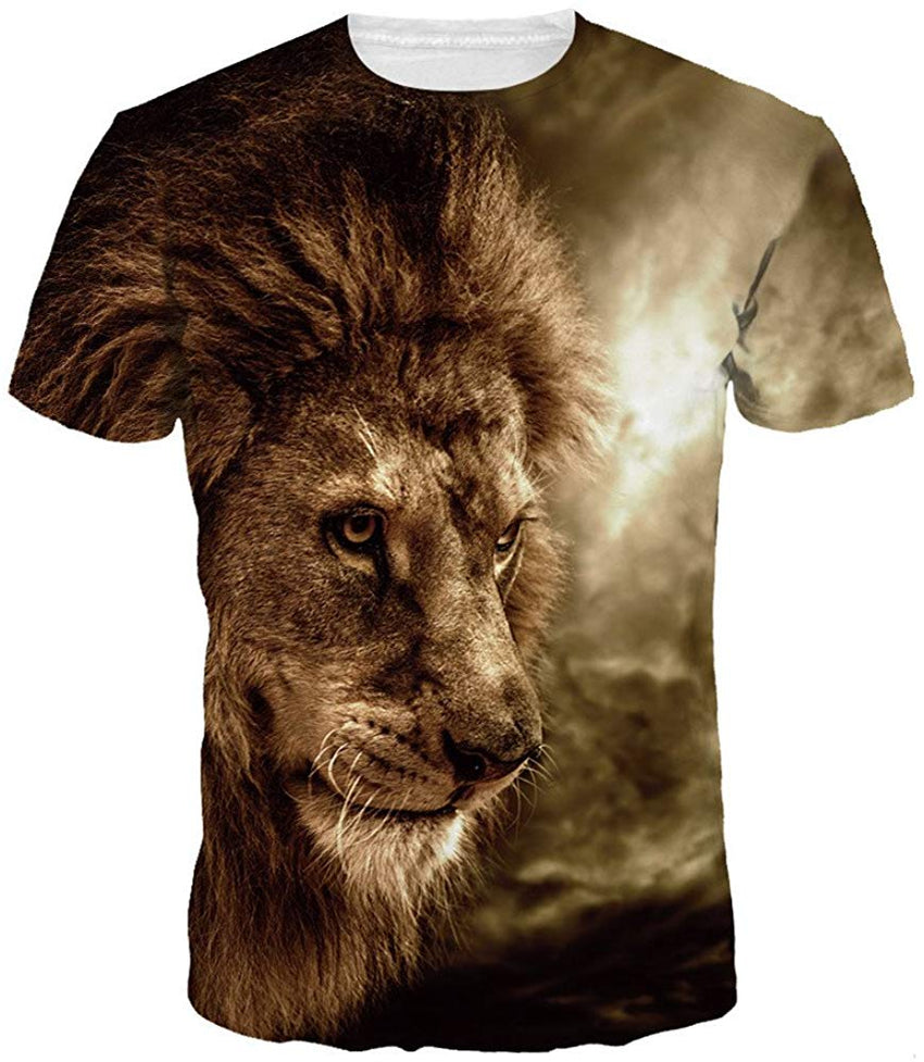 Unisex Casual 3D Wolf Head Pattern Printed Short Sleeve T Shirts Top Tees Brown Lion