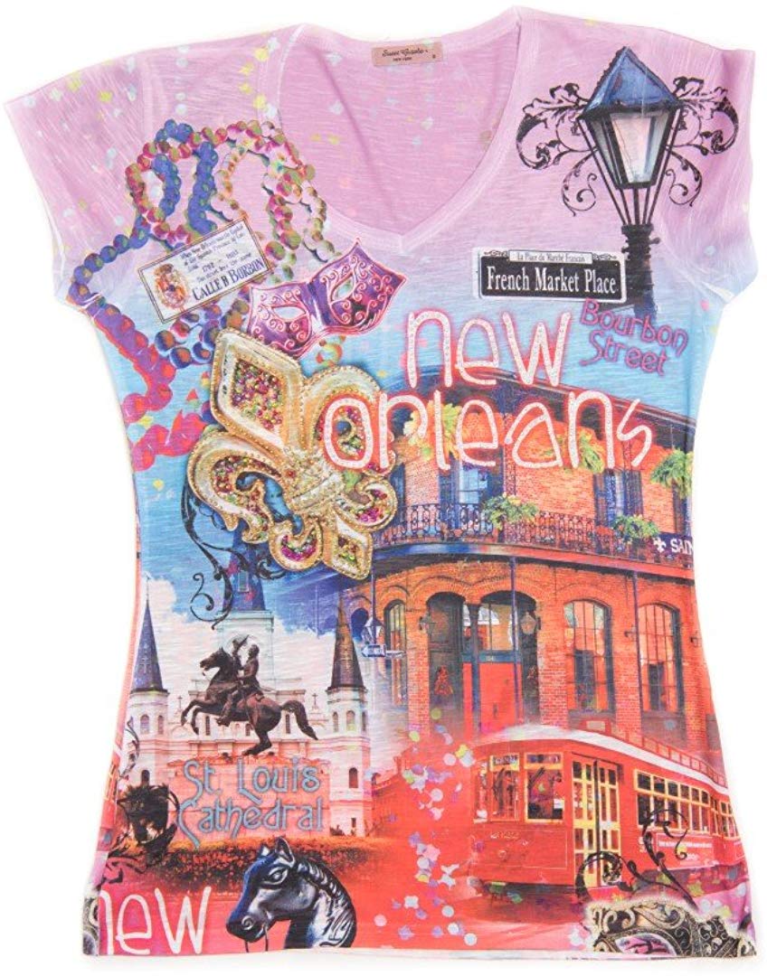 New Orleans Mardi Gras Shirt Vibrant & Colorful Print with Bling Pink