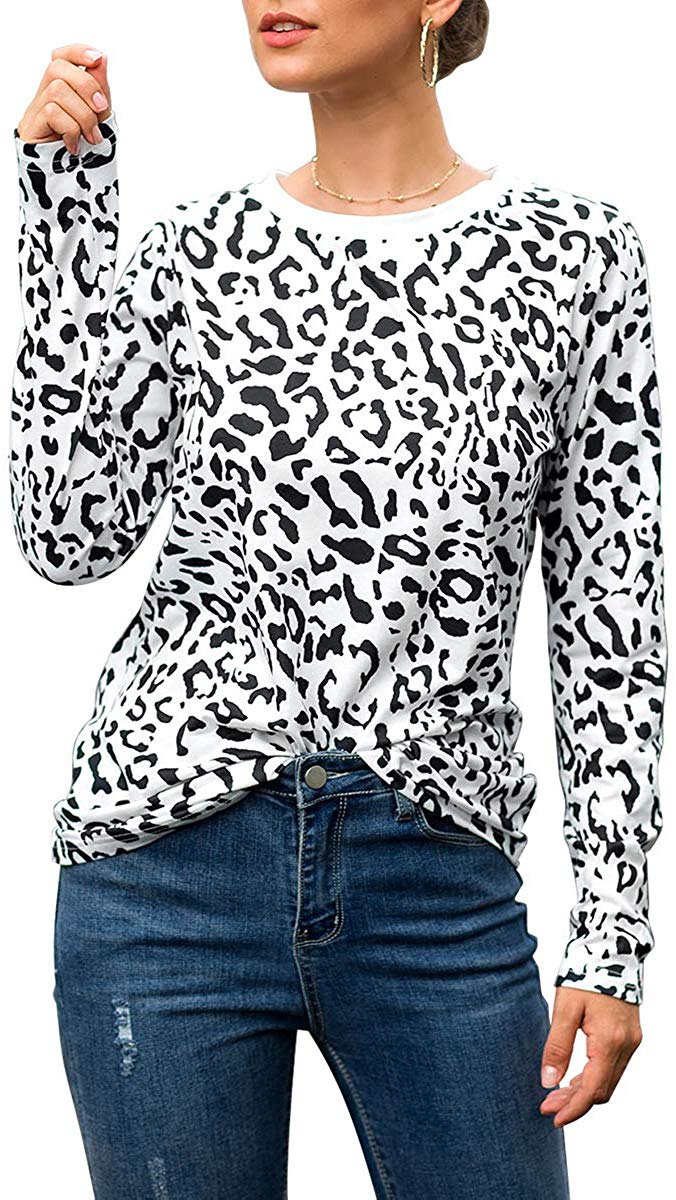 Women's Casual Leopard Print T Shirt Round Neck Cute Long Sleeve Soft Stretchy Blouse Comfy Tops Shirts Leopard Print White