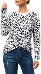 Women's Casual Leopard Print T Shirt Round Neck Cute Long Sleeve Soft Stretchy Blouse Comfy Tops Shirts Leopard Print White