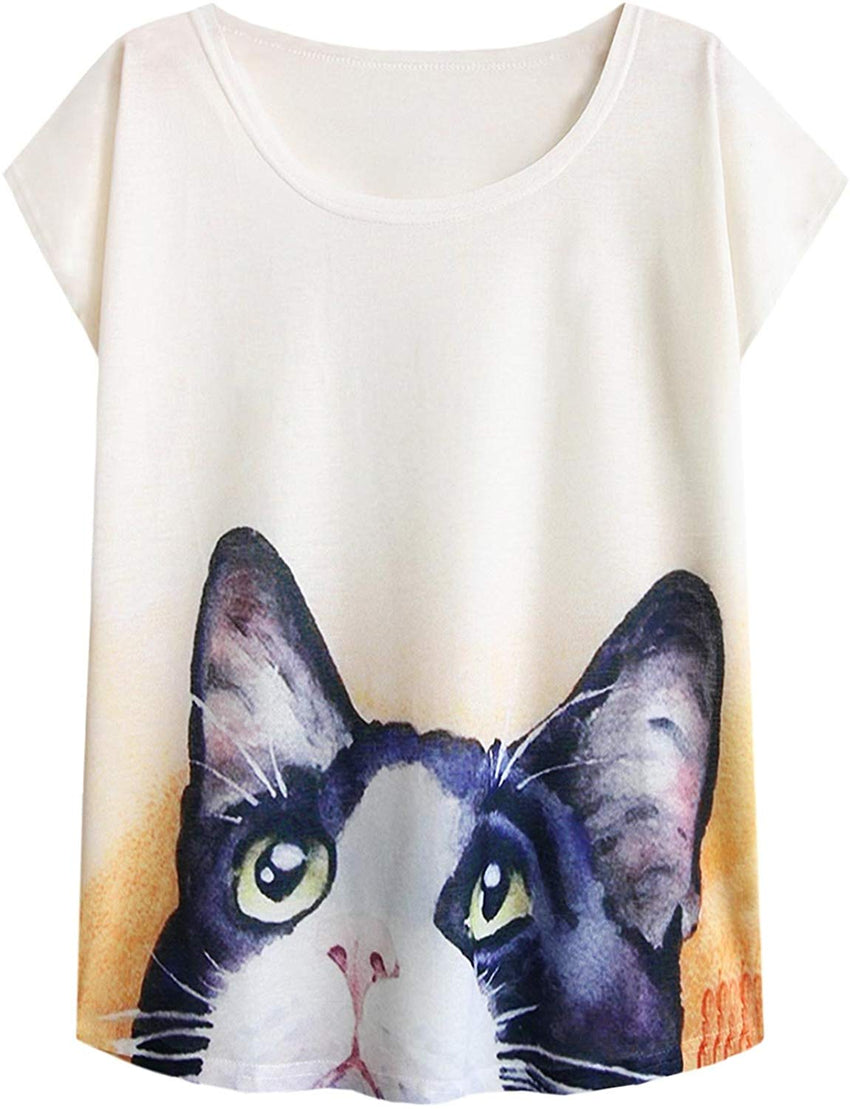 Women's Cute Cat Graphic Abstract Paint Splatter Casual T Shirt Top Japanese Bobtails