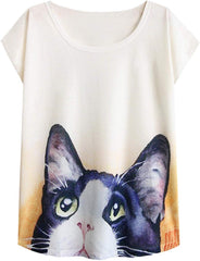 Women's Cute Cat Graphic Abstract Paint Splatter Casual T Shirt Top Japanese Bobtails