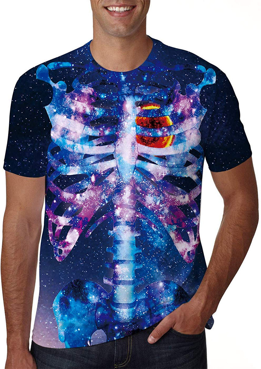 Unisex 3D Creative Print Short Sleeve T Shirt Casual Graphic Tees Galaxy Skeleton