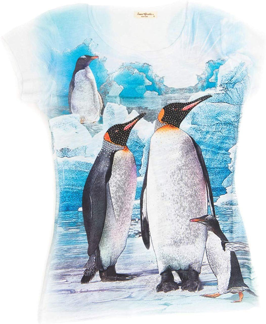 Penguin Inspired 3D V Neck T Shirt for Women Rhinestone Bling Nature