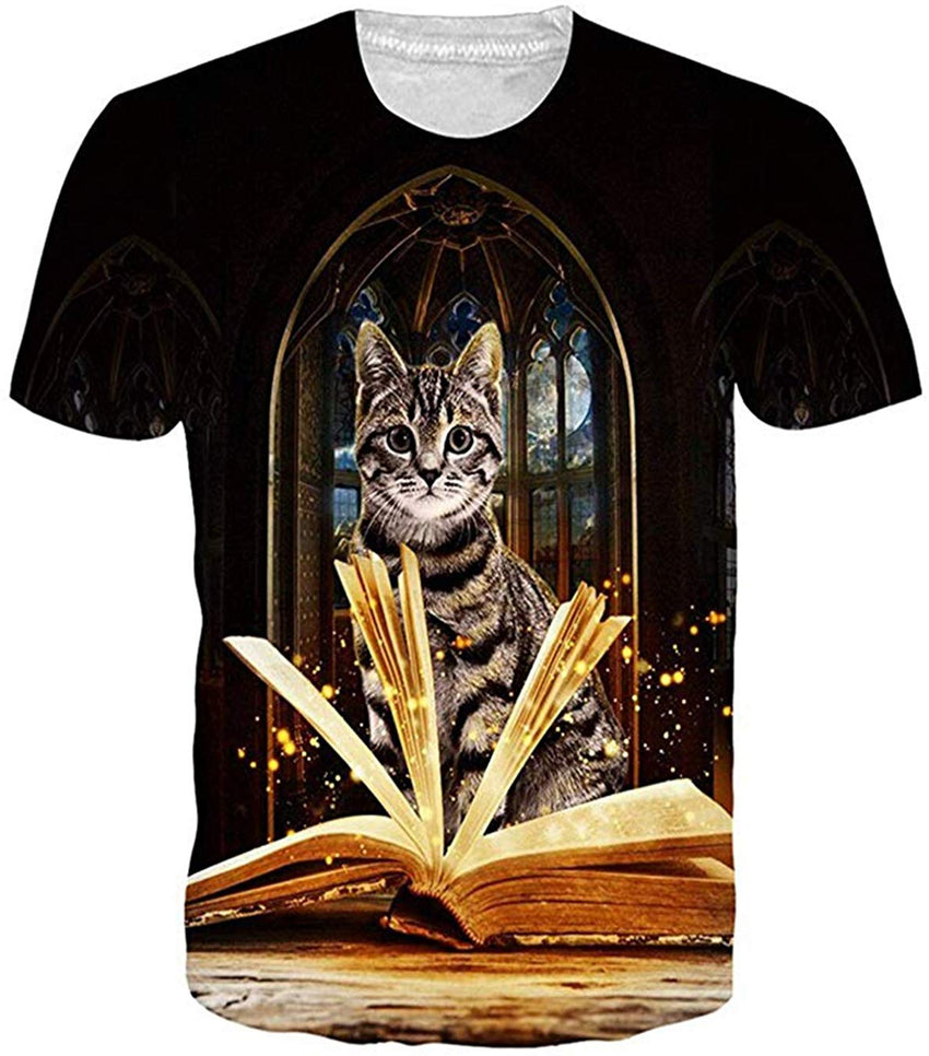 Unisex 3D Printed Pattern Short Sleeve T Sleeve Cool Graphic Tees Top Book Cat