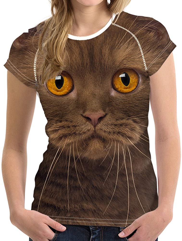 Horse Print Women T Shirt Art Design Tee Girls Elastic Short Sleeve Cat brown