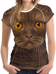 Horse Print Women T Shirt Art Design Tee Girls Elastic Short Sleeve Cat brown