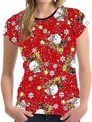 Horse Print Women T Shirt Art Design Tee Girls Elastic Short Sleeve Xmas Red