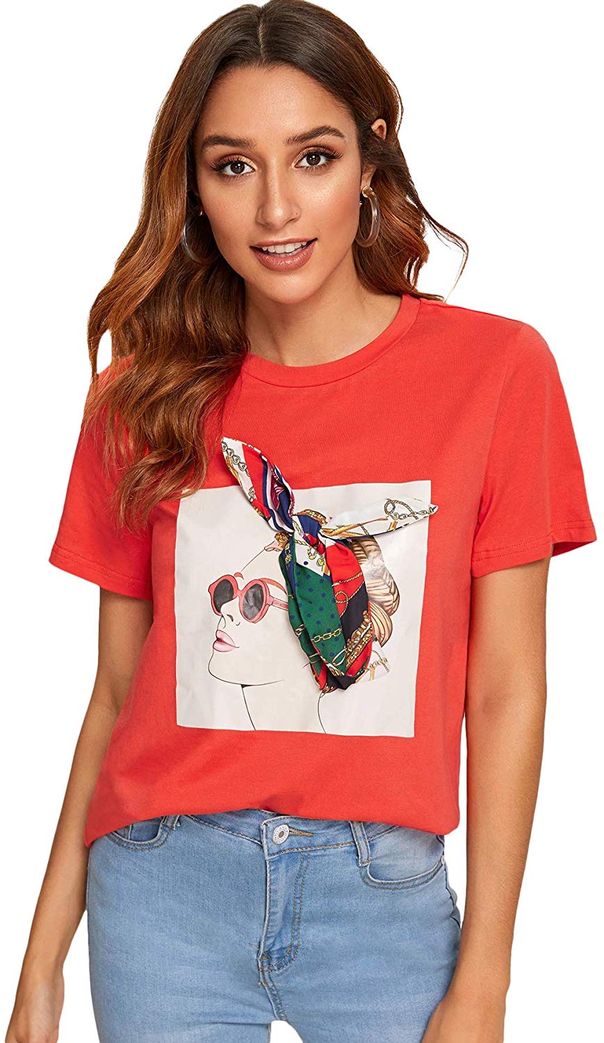 Romwe Women's Oversized Loose Short Sleeve Round Neck Graphic Print Applique Tee Shirt Tops Multicolored #3