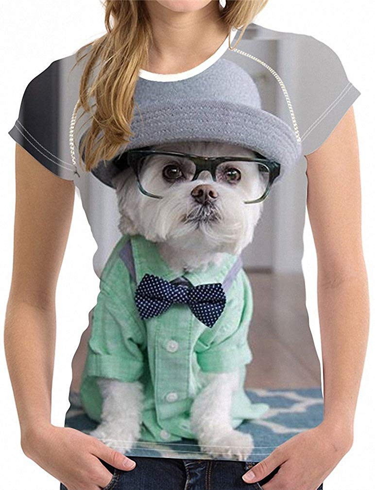 Womens 3D Maltese Dog Print Short Sleeve Breathable Tshirt Tops Tee H10851bv