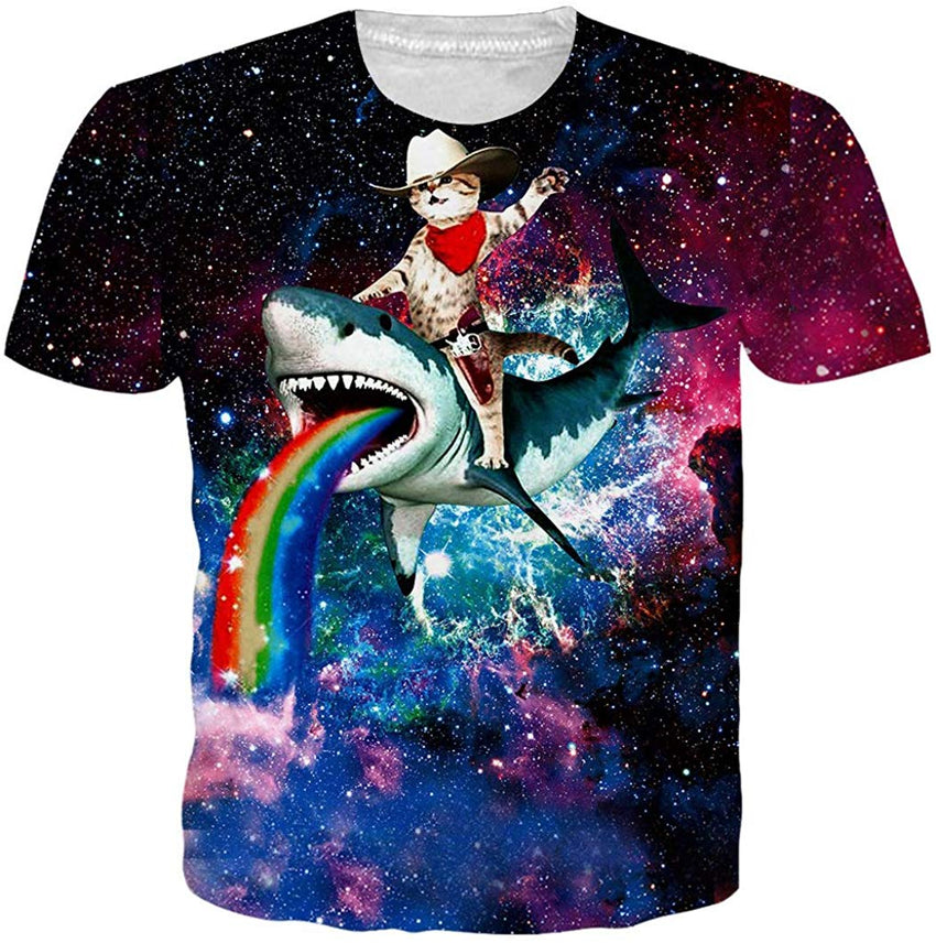Unisex Short Sleeve T Shirts 3D Novelty Print Casual Funny Graphic Tees S 3XL B1 cat on Shark