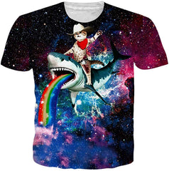 Unisex Short Sleeve T Shirts 3D Novelty Print Casual Funny Graphic Tees S 3XL B1 cat on Shark