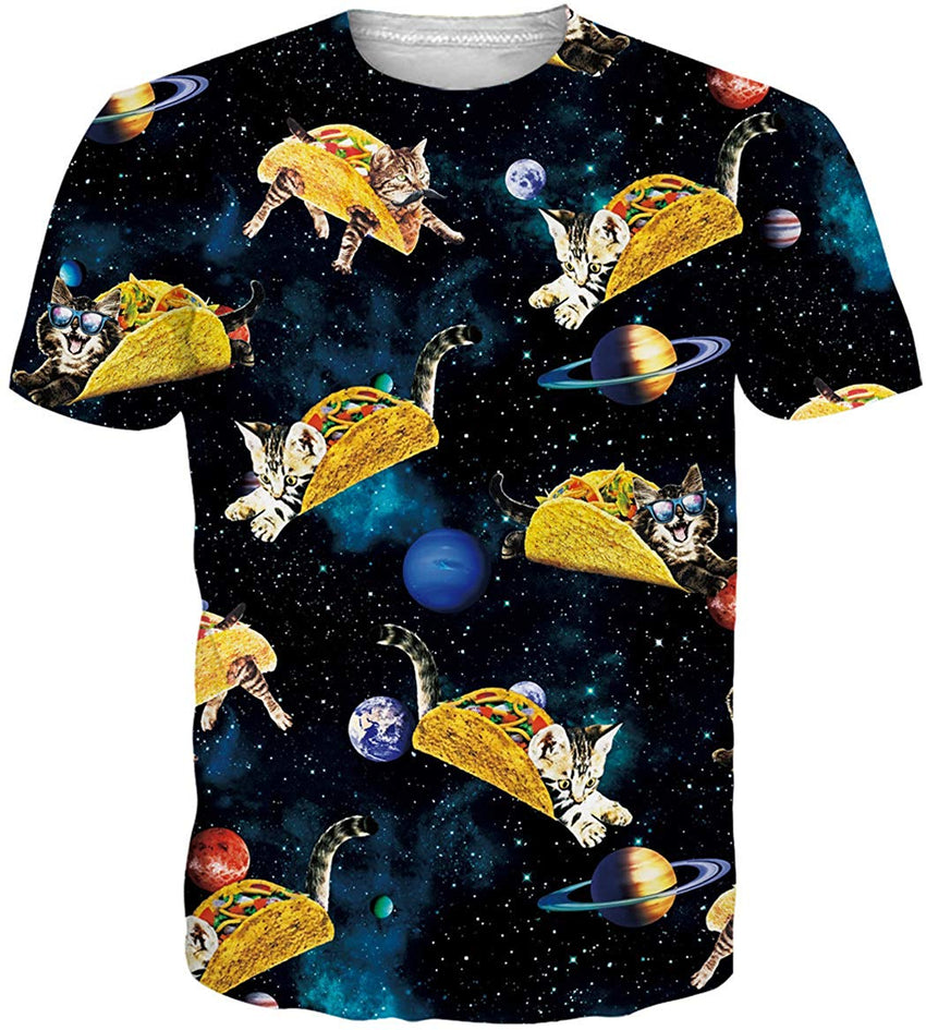 Men Women 3D Novelty Graphic T Shirts Short Sleeve Crewneck Tie Dye Tee Tops for Casual Pizza Cat