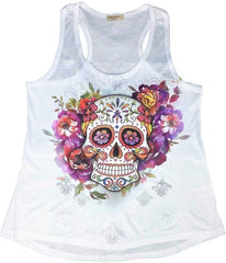 Sugar Skull Shirts for Women V Neck T Shirt Tee Beautiful Print Decorated with Rhinestones White 2