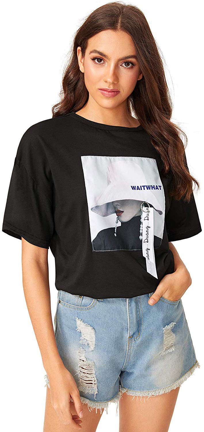 Romwe Women's Oversized Loose Short Sleeve Round Neck Graphic Print Applique Tee Shirt Tops Black