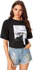 Romwe Women's Oversized Loose Short Sleeve Round Neck Graphic Print Applique Tee Shirt Tops Black