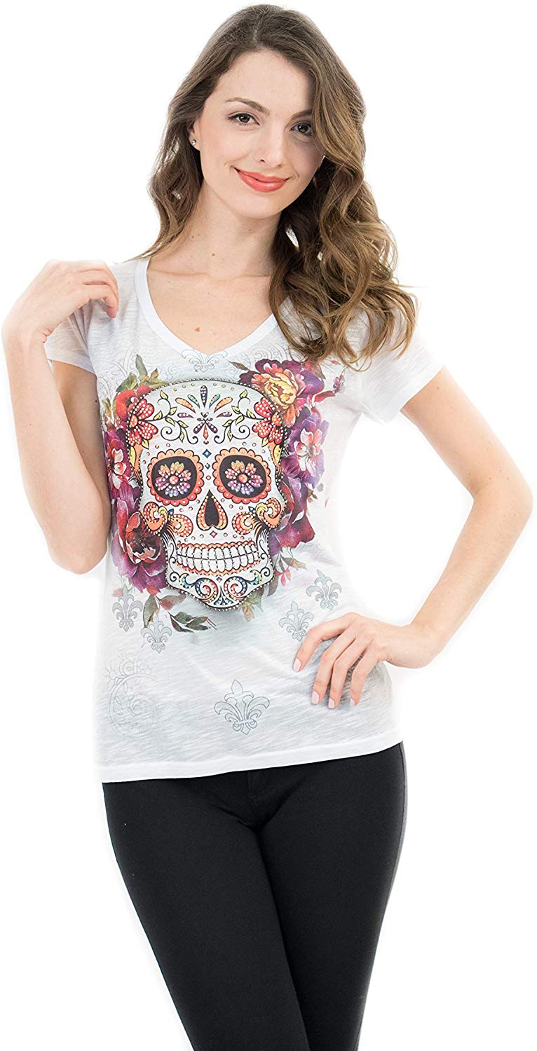Sugar Skull Shirts for Women V Neck T Shirt Tee Beautiful Print Decorated with Rhinestones White 22v