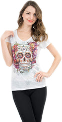 Sugar Skull Shirts for Women V Neck T Shirt Tee Beautiful Print Decorated with Rhinestones White 22v