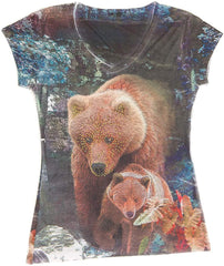 Brown Bear Inspired 3D V Neck T Shirt for Women Rhinestone Bling Nature