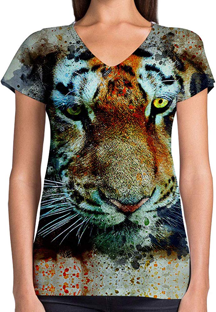 Animals Dinosaurs Others Print 3D Woman V Neck Tee Polyester Face Tiger