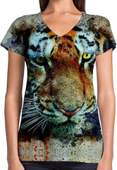 Animals Dinosaurs Others Print 3D Woman V Neck Tee Polyester Face Tiger