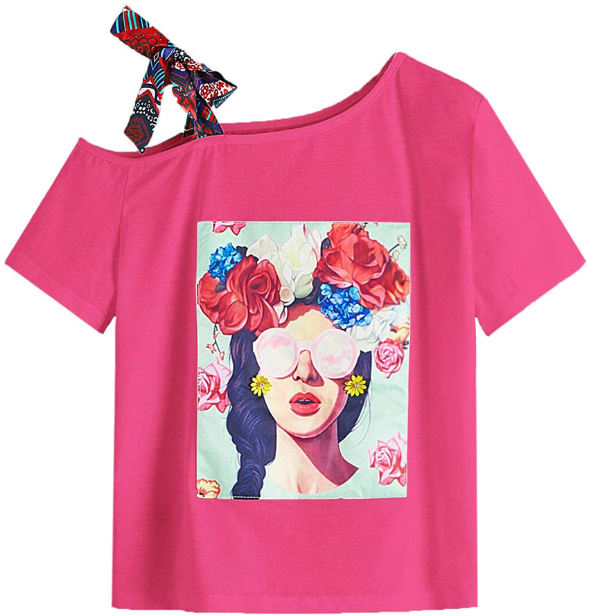 Romwe Women's Oversized Loose Short Sleeve Round Neck Graphic Print Applique Tee Shirt Tops Pink #2