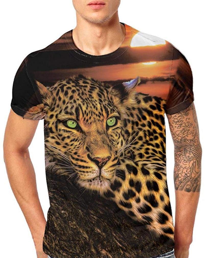 Mens T Shirt Block Cheetah 3D Printing Tops Short Sleeve Yellow
