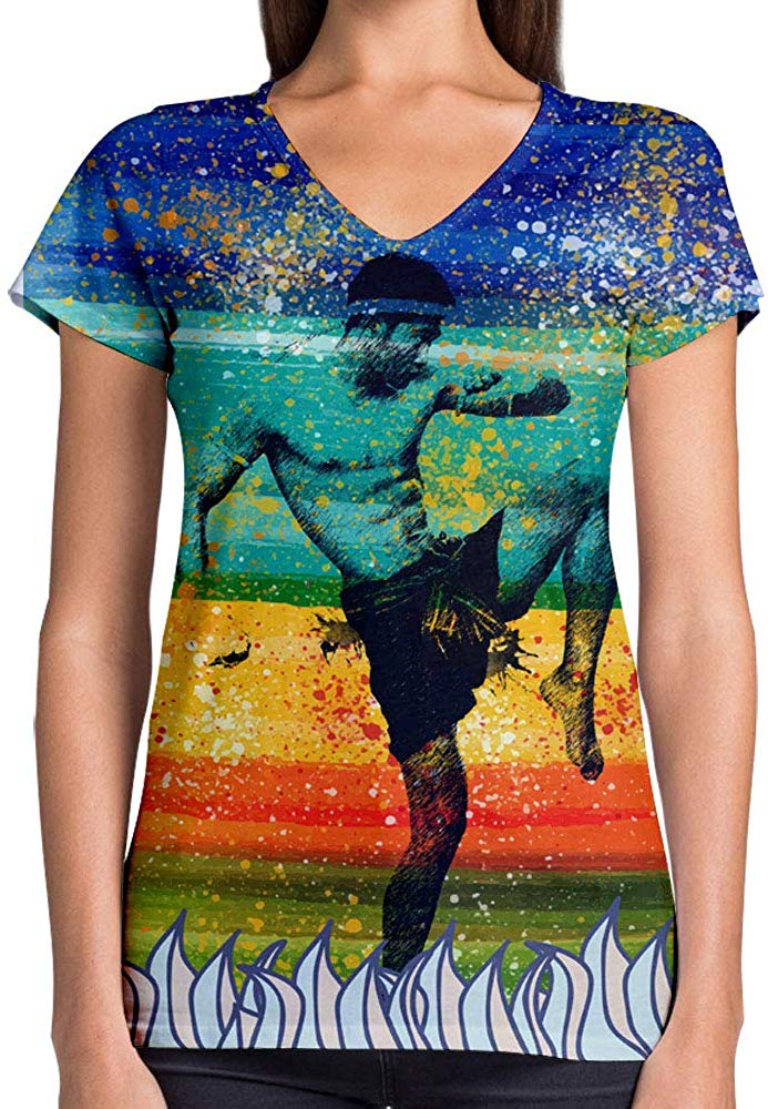 Sport Flag and Fire Print 3D Woman V Neck Tee Polyester Colors Muay Thai
