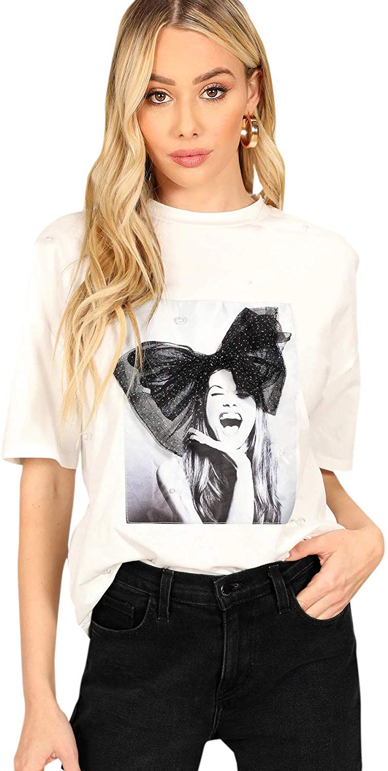 Romwe Women's Oversized Loose Short Sleeve Round Neck Graphic Print Applique Tee Shirt Tops Multicolored #11