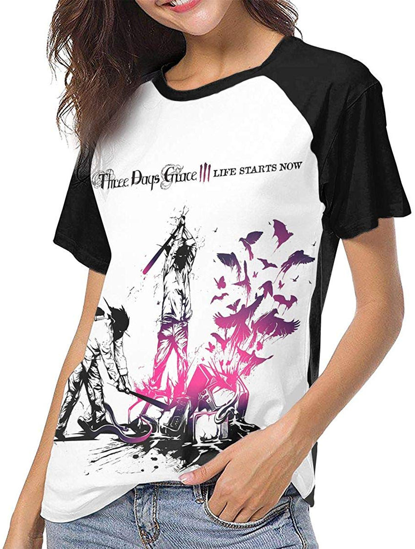 Three Days Grace Life Starts Now Women 3D Print Baseball T Shirt Classic Pattern Raglan Tee Top Shirt Black