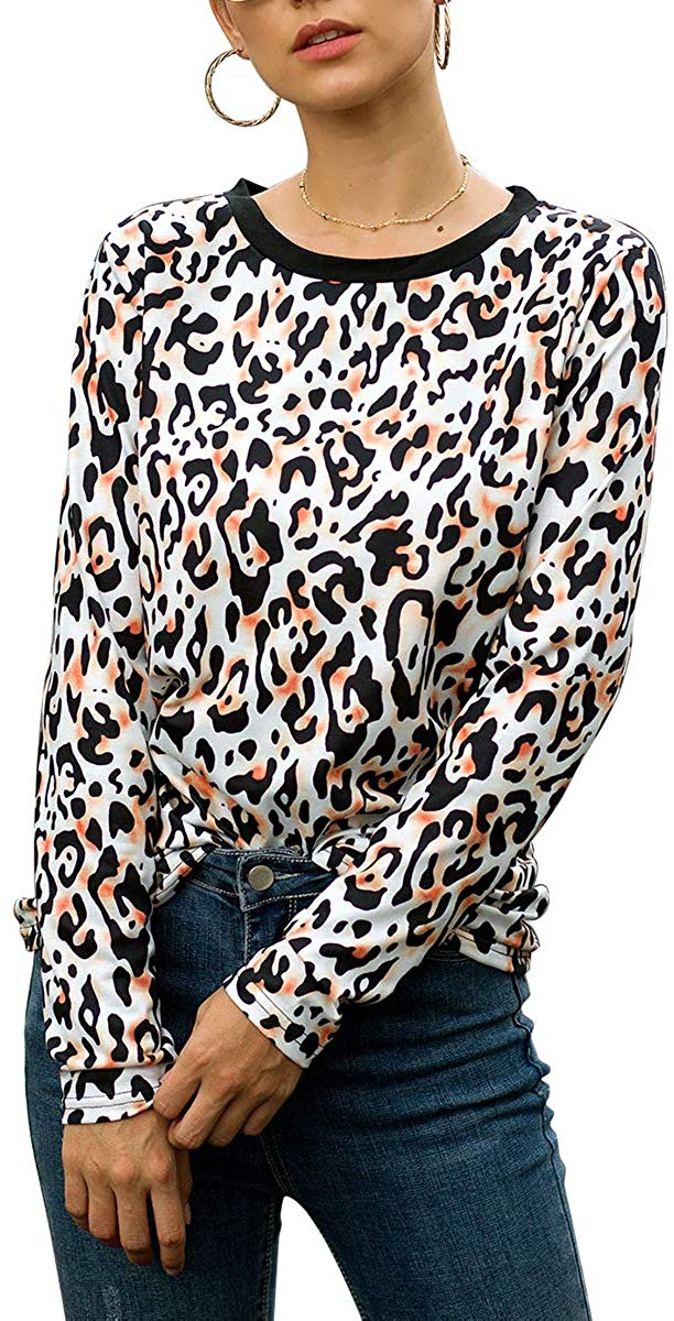 Women's Casual Leopard Print T Shirt Round Neck Cute Long Sleeve Soft Stretchy Blouse Comfy Tops Shirts Leopard Print Orange