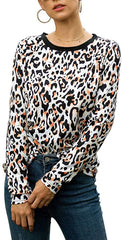 Women's Casual Leopard Print T Shirt Round Neck Cute Long Sleeve Soft Stretchy Blouse Comfy Tops Shirts Leopard Print Orange