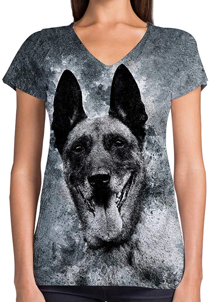 Animals Dinosaurs Others Print 3D Woman V Neck Tee Polyester Belgian Mallinois