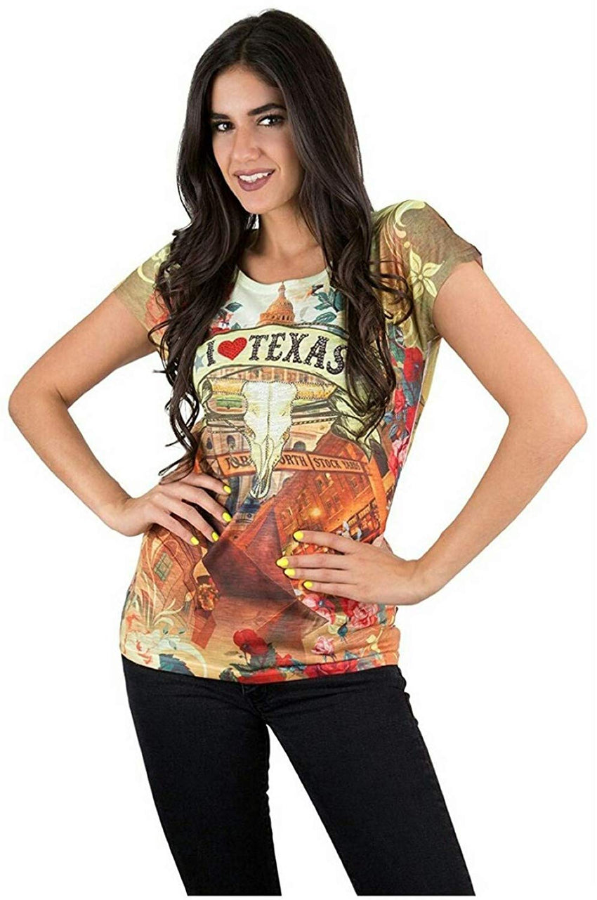 Texas Cowgirl Womens Multi Color Graphic 3D T Shirt with Bling Nature