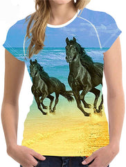 Horse Print Women T Shirt Art Design Tee Girls Elastic Short Sleeve Horse6