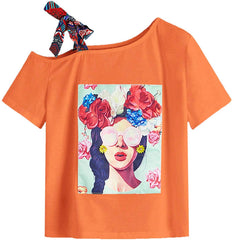 Romwe Women's Oversized Loose Short Sleeve Round Neck Graphic Print Applique Tee Shirt Tops Orange2