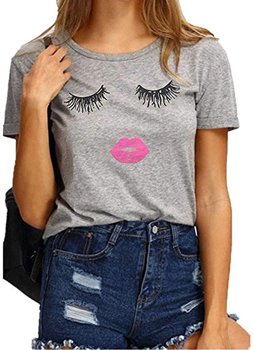 Women Summer Funny Print Short Sleeve Top Tee Graphic Cute T Shirt Grey
