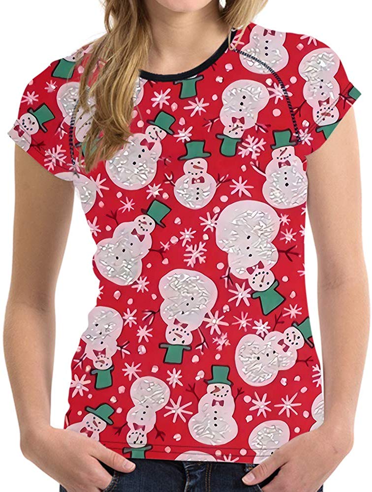 Horse Print Women T Shirt Art Design Tee Girls Elastic Short Sleeve Snowman&red