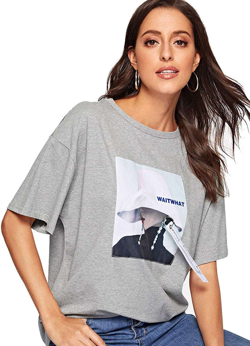 Romwe Women's Oversized Loose Short Sleeve Round Neck Graphic Print Applique Tee Shirt Tops Grey