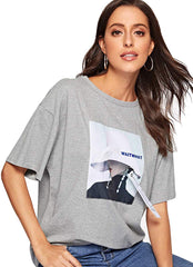 Romwe Women's Oversized Loose Short Sleeve Round Neck Graphic Print Applique Tee Shirt Tops Grey