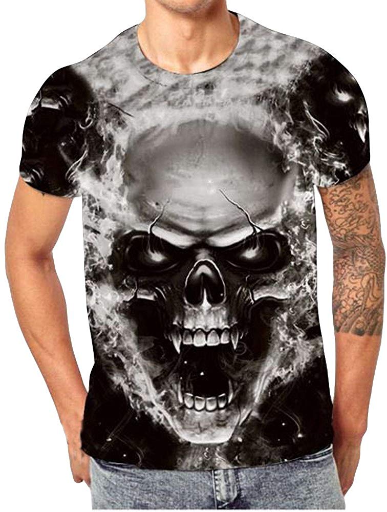 Mens T Shirt Skull 3D Printing Tops Tees Shirt Short Sleeve Black 6