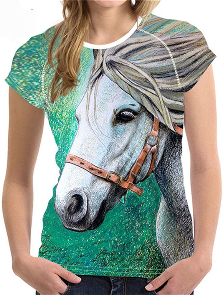 Horse Print Women T Shirt Art Design Tee Girls Elastic Short Sleeve Horse5