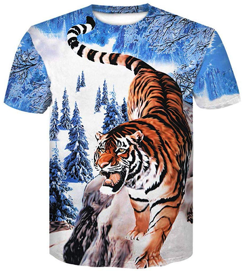Mens T Shirt Block Cheetah 3D Printing Tops Short Sleeve Tiger blue