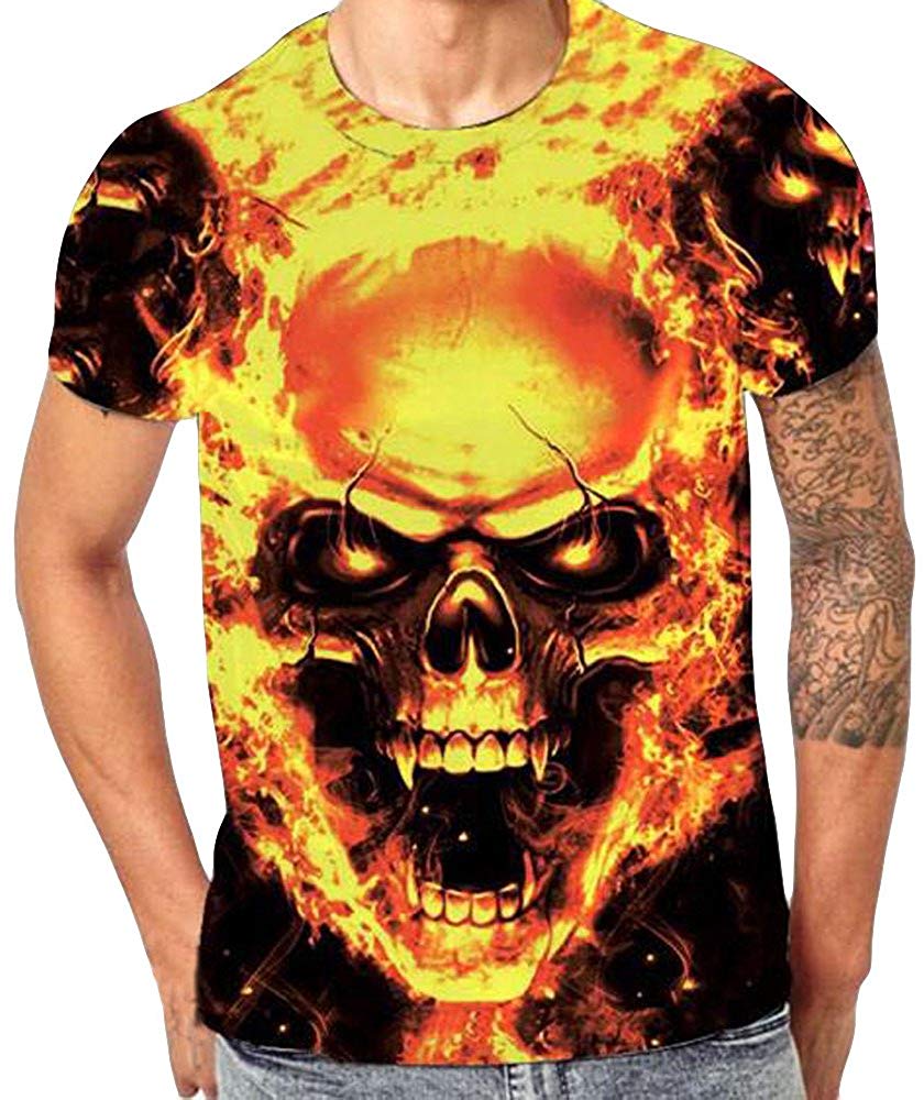 Mens T Shirt Skull 3D Printing Tops Tees Shirt Short Sleeve Gold