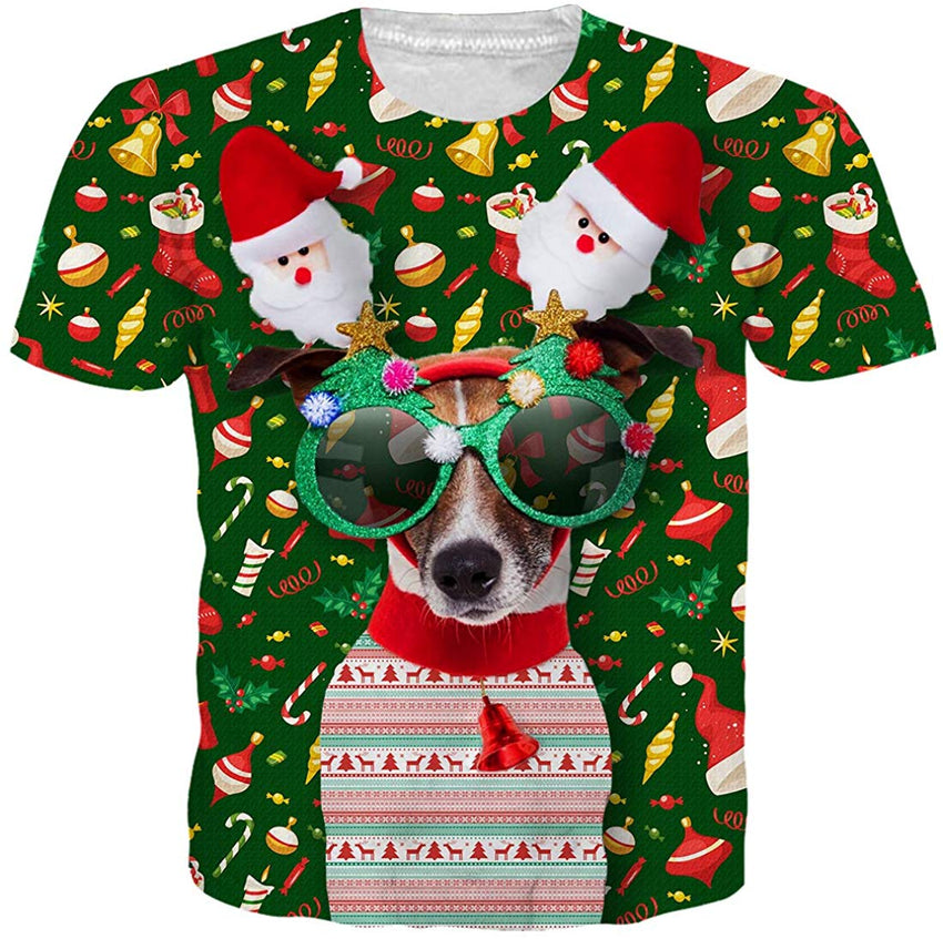 Unisex Cool Novelty 3D Graphic Print T Shirts Summer Short Sleeve Crewneck Tees Casual Tops Santa Glasses Dog
