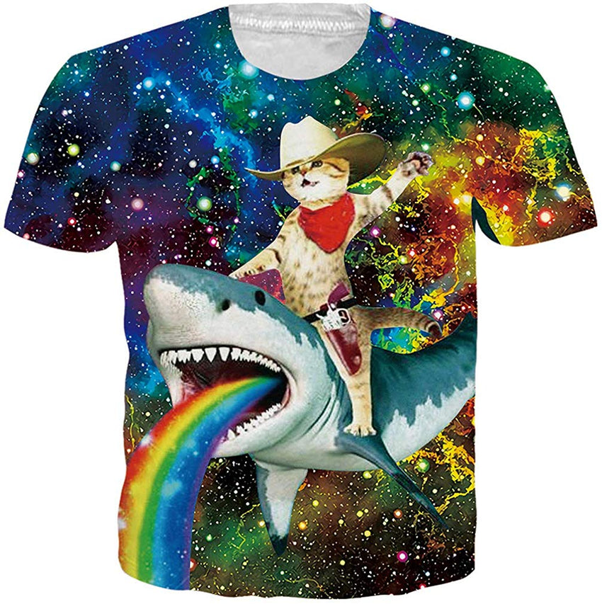 Unisex 3D Printed Funny T Shirts Casual Cool Summer Short Sleeve Tees 2019 Cat Riding Shark